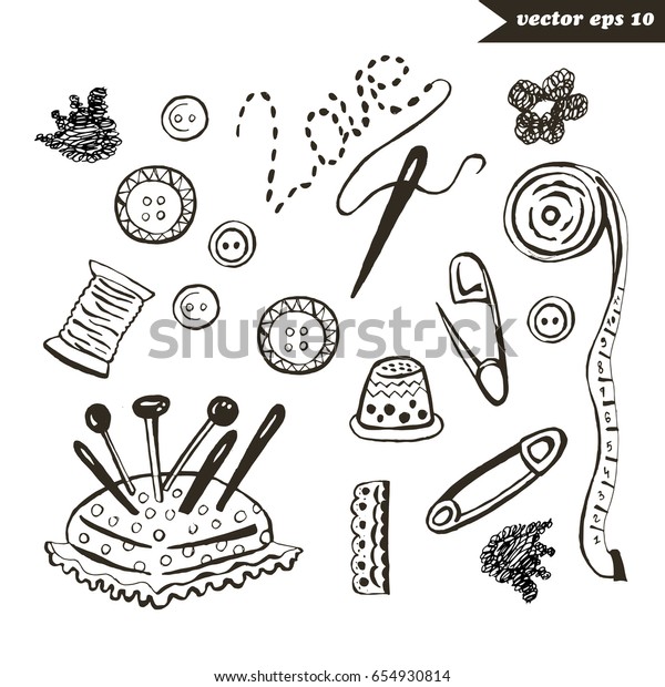 Embroidery and sewing set\
with different items and tools. Hand drawn illustration in white\
background. Elements for logo, icon, decoration, print, sticker.\
