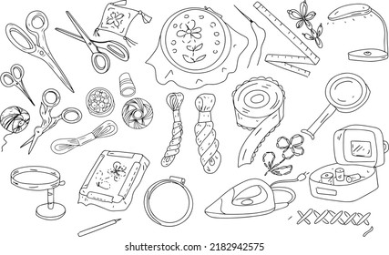 Embroidery sewing embroidery set doodles hand drawn hoop thread scissors separate elements on a white background sketch