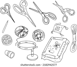 Embroidery sewing embroidery set doodles hand drawn hoop thread scissors separate elements on a white background sketch
