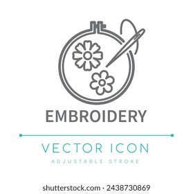 Embroidery Sewing Textile Vector Line Icon, Tailor Clothes Fashion Material Apparel Vector Line Icon