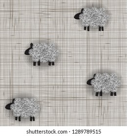 Embroidery sheeps. Seamless pattern. Linen cloth texture.  Vector Embroidery home decor, ornament for textile,  fashion, fabric pattern.  Colorful tradition folk decoration.