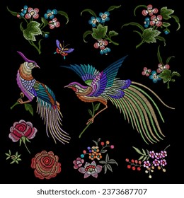 Embroidery Shinoiserie Birds of Paradise, Flowers, Butterflies.