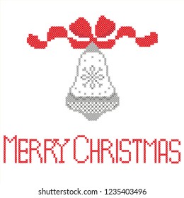Embroidery silver bell with red bow. Merry Christmas