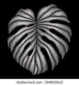 Embroidery of silver metal  tropical monstera leaves. Can be used as a separate decorative element. 