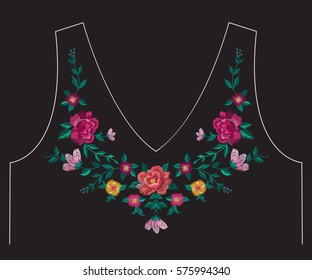 Embroidery simplified ethnic neck line floral pattern with roses and leaves. Vector symmetric traditional folk ornament with big flowers on black background for design