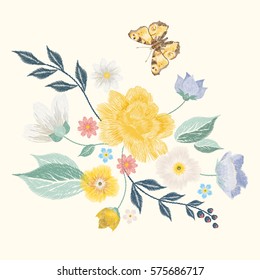 Embroidery simplified floral pattern with butterfly and flowers. Vector asymmetrical traditional trend fashion ornament with leaves and various plants on beige background. design.