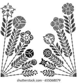 Embroidery simplified floral pattern contemporary flowers. Asymmetrical traditional trend fashion ornament with leaves and various fantasy plants on white background. Embroidery flower patch. Vector.
