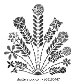 Embroidery simplified floral pattern contemporary flowers. Asymmetrical traditional trend fashion ornament with leaves and various fantasy plants on white background. Embroidery flower patch. Vector.