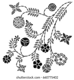 Embroidery simplified floral pattern contemporary flowers. Asymmetrical traditional trend fashion ornament with leaves and various fantasy plants on white background. Embroidery flower patch. Vector.