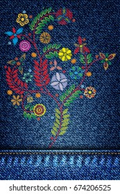 Embroidery simplified floral pattern contemporary flowers on jeans background denim pattern or classic texture blue. Background of denim canvas. Vector.