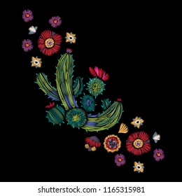 Embroidery simplified neckline pattern with cactus and flowers. Vector embroidered floral patch for clothing design.