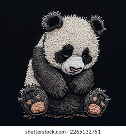 Embroidery sitting cartoon panda with blue eyes. Tapestry decorative vector background. Beautiful embroidered texture. Ornate modern stitching panda design for diy, pillow, bag, clothing, home decor.