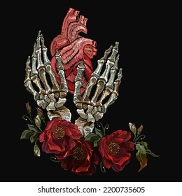 Embroidery. Skeleton Hands, Anatomical Heart And Wild Red Roses. Gothic Love Concept. Romantic Floral Dark Medieaval Background. Template For Clothes, Textiles, T-shirt Design