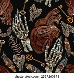 Embroidery. Skeleton hands, anatomical heart, fish bone and keys. Romantic gothic background. Seamless pattern. Template for clothes, textiles, t-shirt design