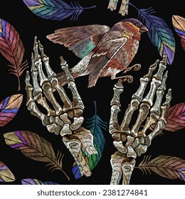 Embroidery skeleton hands, colorful feathers and bird. Halloween medieval seamless pattern. Dark art seamless pattern