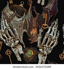 Embroidery. Skeleton hands, flying bat, moon and golden keys. Romantic gothic background. Halloween seamless pattern. Template for clothes, textiles, t-shirt design