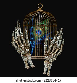 Embroidery skeleton hands, golden bird cage, colorful peacock feathers. Gothic halloween medieval dark art