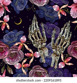 Embroidery skeleton hands, night sky, pink orchid and roses flowers. Seamless pattern. Fairy tale magic art. Fashion template for kids clothes, t-shirt design