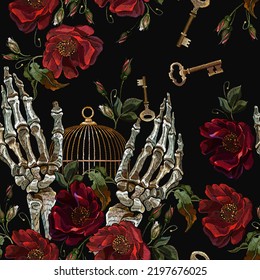 Embroidery. Skeleton hands, red roses, vintage golden keys and birds cage. Romantic gothic background. Seamless pattern. Template for clothes, textiles, t-shirt design