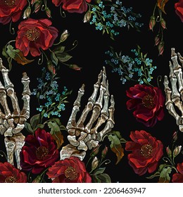 Embroidery. Skeleton hands and red roses. Romantic gothic background. Seamless pattern. Template for clothes, textiles, t-shirt design