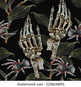 Embroidery. Skeleton hands, spiders and tropical palm leaves.  Jungle gothic background. Template for clothes, textiles, t-shirt design