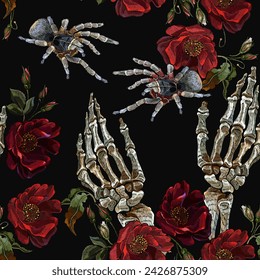 Embroidery. Skeleton hands, spiders and wild red roses. Gothic style concept. Romantic floral dark medieaval background. Template for clothes, textiles, t-shirt design