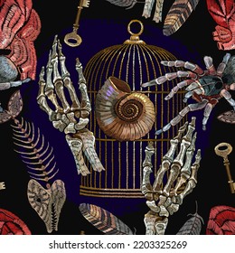 Embroidery. Skeleton hands, vintage golden cage, keys, anatomical heart and spiders. Romantic gothic background. Seamless pattern. Template for clothes, textiles, t-shirt design