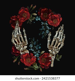 Embroidery. Skeleton hands and wild red roses. Template for clothes, textiles, t-shirt design. Gothic style concept. Romantic floral dark medieaval background