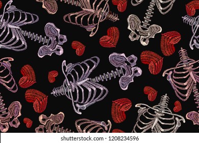 Embroidery skeleton, rib cage and red heart seamless pattern. Dark art. Fashionable gothic clothes, t-shirt design 