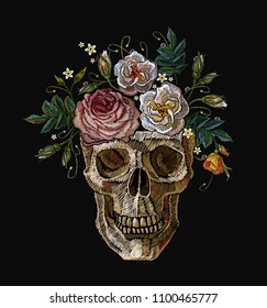 Embroidery skull clown with flowers in the head. Gothic art template for design of clothes, t-shirt design, tapestry 