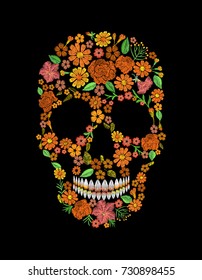 Embroidery skull face orange flower texture mexican patch. Textile print embroidered stitch. Dia de los Muertos Day of the Dead or Halloween card vector illustration background.