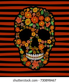 Embroidery skull face orange flower texture mexican patch. Textile print embroidered stitch. Dia de los Muertos Day of the Dead or Halloween card vector illustration on striped background.