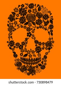 Embroidery skull face orange flower texture mexican patch. Textile print embroidered stitch. Dia de los Muertos Day of the Dead or Halloween card vector illustration background.