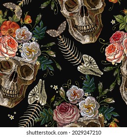 Embroidery skull, fish bones and roses seamless pattern. Gothic romanntic art. Dark fairy tale clothes template and t-shirt design 