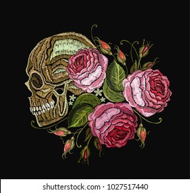 Embroidery skull and flowers. Gothic romantic embroidery human skulls and red roses. Fashion template for clothes, textiles, t-shirt design