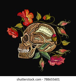 Embroidery skull and flowers. Gothic romantic embroidery human skulls red roses and peonies. Fashion template for clothes, textiles, t-shirt design