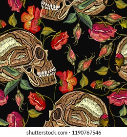 Embroidery skull and flowers seamless pattern. Fashion template for clothes, textiles, t-shirt design. Gothic romantic art. Human skulls red roses and peonies pattern