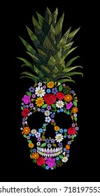 Embroidery skull pineapple t-skirt print. Fashion decoration patch floral embroidered imitation. Yellow exotic fruit tropical art. Vector illustration black background