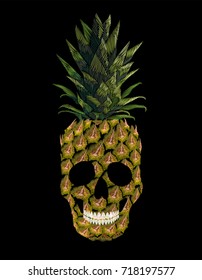 Embroidery skull pineapple t-skirt print. Fashion decoration patch embroidered imitation. Yellow exotic fruit tropical art. Vector illustration black background