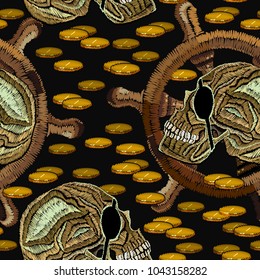 Embroidery skull pirate and golden coins seamless pattern. Classical embroidery. Old pirate, ancient treasures seamless background. Template for clothes, textiles, t-shirt design