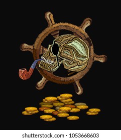 Embroidery skull pirate, steering wheel and golden coins. Classical embroidery. Old pirate, sea adventures. Template for clothes, textiles, t-shirt design
