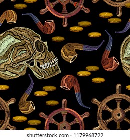 Embroidery skull pirate and steering wheel seamless pattern.Template for clothes, textiles, t-shirt design. Old pirate, sea adventures fashion seamless background