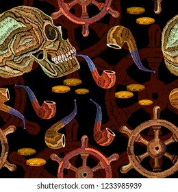 Embroidery skull pirate and steering wheel seamless pattern.Template for clothes, textiles, t-shirt design