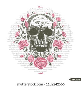 Embroidery skull and red roses. Skull design for fashion clothes, textiles, prints, t-shirt design and other uses