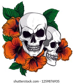 Embroidery skull and red roses. Dia de muertos, day of the death art. Gothic romanntic embroidery human skulls red roses and pink peonies
