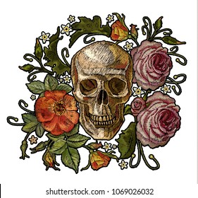 Embroidery skull and red roses. Gothic romanntic embroidery human skulls red roses and pink peonies, clothes template and t-shirt design vector art. Dia de muertos, day of the death 