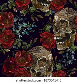 Embroidery skull and red roses seamless pattern. Halloween background. Fashion clothes template and t-shirt design. Dark gothic art 