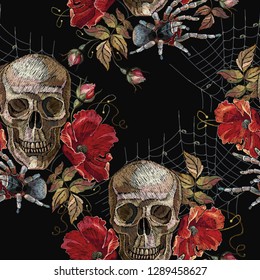 Embroidery skull and red roses, spider and web seamless pattern. Dark gothic art. Halloween background. Clothes template and t-shirt design 