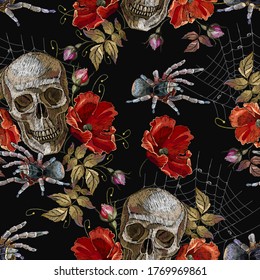 Embroidery skull and red roses, tarantula spider seamless pattern. Halloween background. Clothes template and t-shirt design. Dark gothic art. Medieval style 