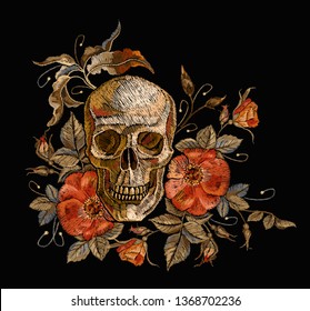 Embroidery skull and roses. Dia de muertos, day of the dead art, clothes template and t-shirt design vector 